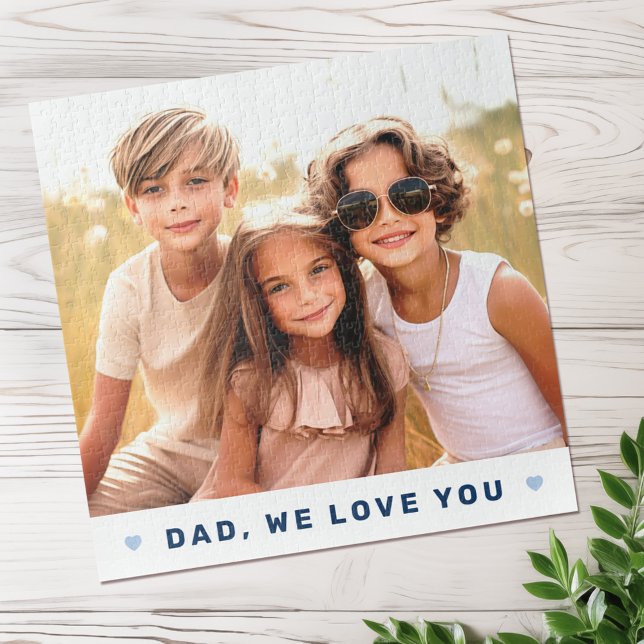 Quebra-cabeça Pai que te amamos, dia de os pais azul. (Dad we love you photo hearts blue fathers day jigsaw puzzle)