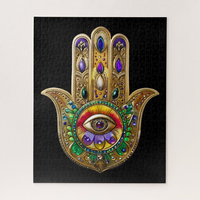 Quebra-cabeça Painted Gold Hamsa Amethyst Ruby Third Eye (Vertical)