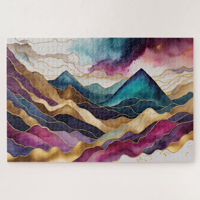 Quebra-cabeça Paisagem Abstrato de Aquarela Dourada (Horizontal)