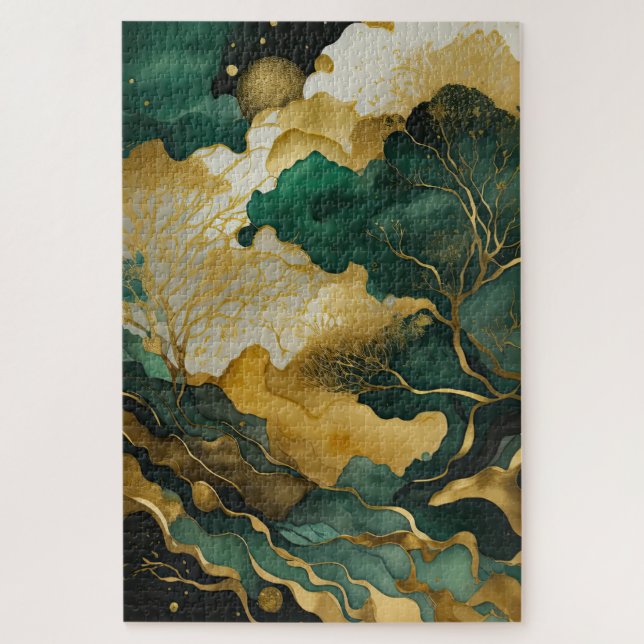 Quebra-cabeça Paisagem Abstrato de Aquarela Dourada (Vertical)