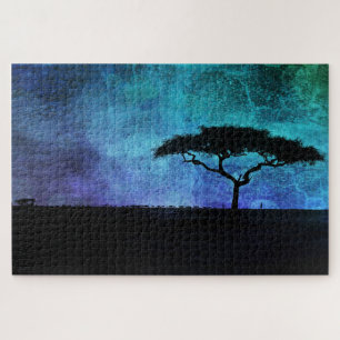Quebra-cabeça Paisagem africana da Árvore Acácia em Azul e Roxo