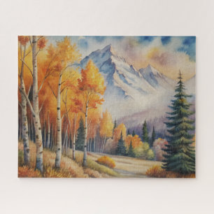 Quebra-cabeça Paisagem de Aquarela Floresta de outono com Montan
