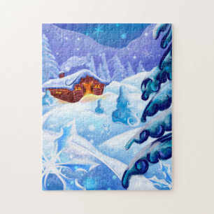 Quebra-cabeça Paisagem de Cabana de Neve de Inverno Arte Quebra-