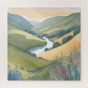 Quebra-cabeça Paisagem de Colinas Onduladas Aquarela Bonita