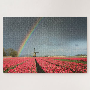 Quebra-cabeça Paisagem de Holland com arco-íris, tulipas, moinh