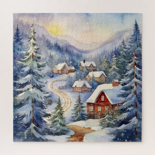 Quebra-cabeça Paisagem de Montanha e Aldeia na Cena de Neve