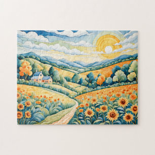 Quebra-cabeça Paisagem de Pastel com Campos de Girassol e Caminh