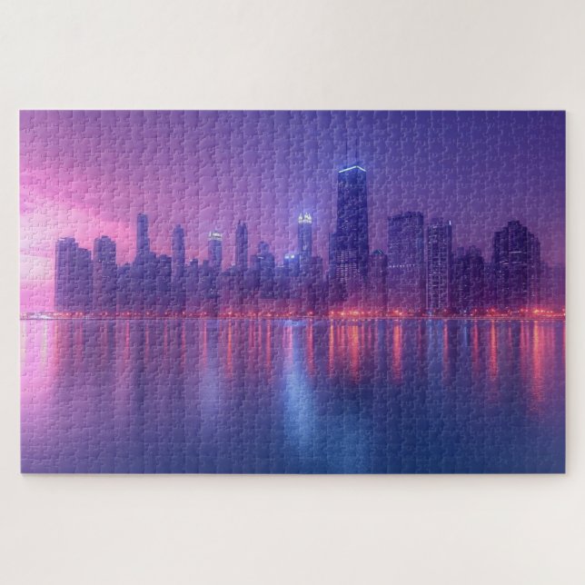 Quebra-cabeça Paisagem de Skyscrapers Azul e Roxo (Horizontal)