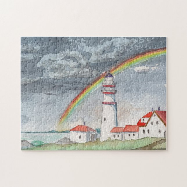 Quebra-cabeça Paisagem do farol de aquarela Arco-íris Mar (Horizontal)