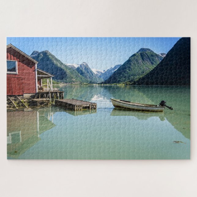 Quebra-cabeça Paisagem do fiorde com o barco em Noruega (Horizontal)