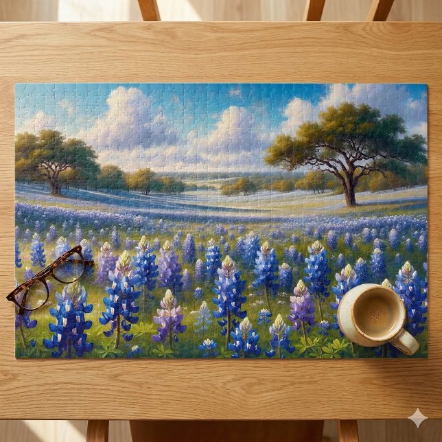 Quebra-cabeça Paisagem do Prado de Bluebonnet do Texas (Texas Bluebonnet Meadow Landscape Jigsaw Puzzle On Table)