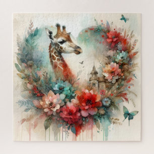 Quebra-cabeça Paisagem Floral de Girafas em Aquarela Safari