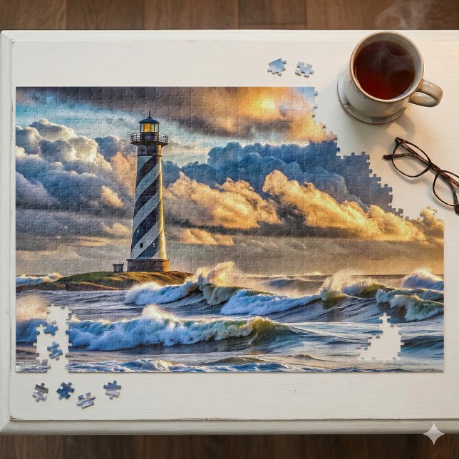 Quebra-cabeça Paisagem Marítima Dramática de Farol com Ondas Tem (Dramatic Lighthouse Seascape with Stormy Waves Jigsaw Puzzle Mockup A)