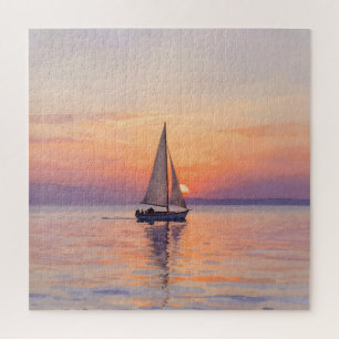 Quebra-cabeça Paisagem Marítima em Aquarela do Pôr do Sol no Bar