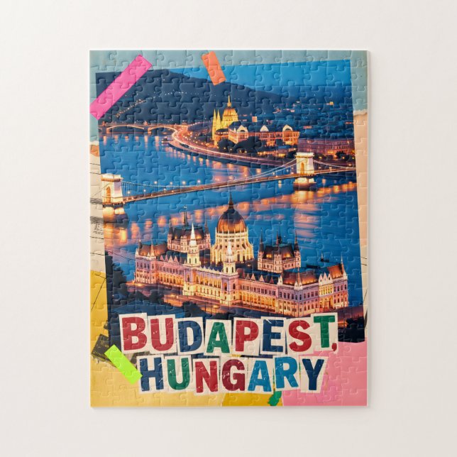 Quebra-cabeça Paisagem Noturna de Budapeste Hungria Colagem Pop  (Vertical)