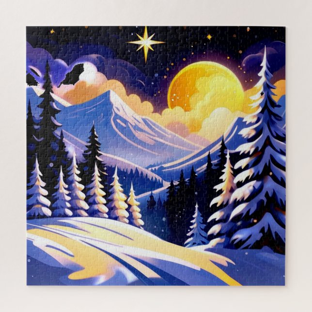 Quebra-cabeça Paisagem Noturna de Inverno Com Montanhas Nevadas (Vertical)