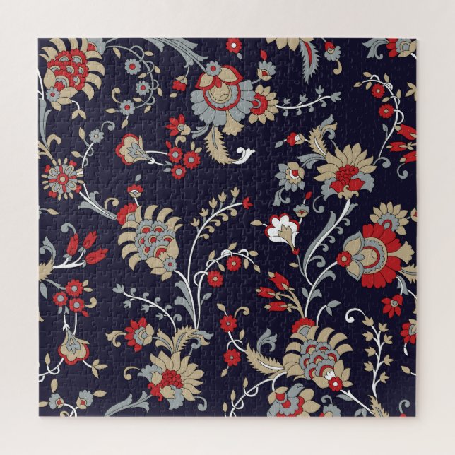 Quebra-cabeça paisley indiano, fundo marinho, tradicional. (Vertical)