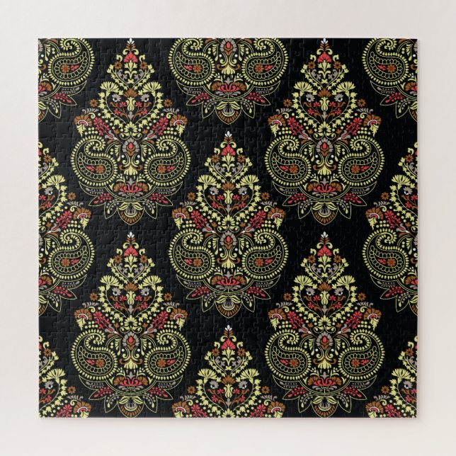 Quebra-cabeça paisley indiano, fundo negro geométrico (Vertical)