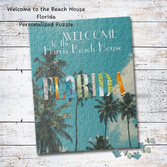 Quebra-cabeça Palm Tree Florida Beach House (Personalized puzzle. Perfect for the beach house, Florida home or makes a fun gift! Seal to hang!)