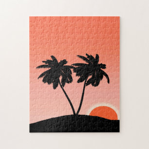 Quebra-cabeça Palm Tree Silhoule Contra Sunset Orange Jigsee