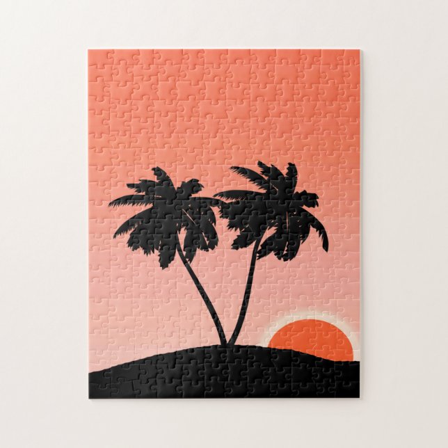 Quebra-cabeça Palm Tree Silhoule Contra Sunset Orange Jigsee (Vertical)
