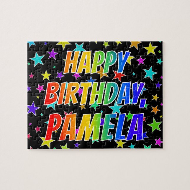 Quebra-cabeça "PAMELA" Primeiro Nome, Diversão "FELIZ ANIVERSÁRI (Horizontal)