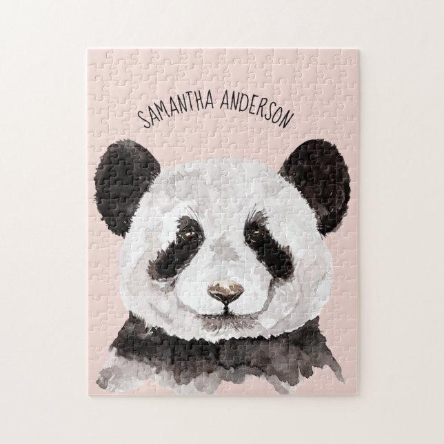 Quebra-cabeça Panda De Aquarela Moderna Com Nome E Pink De Paste (Vertical)