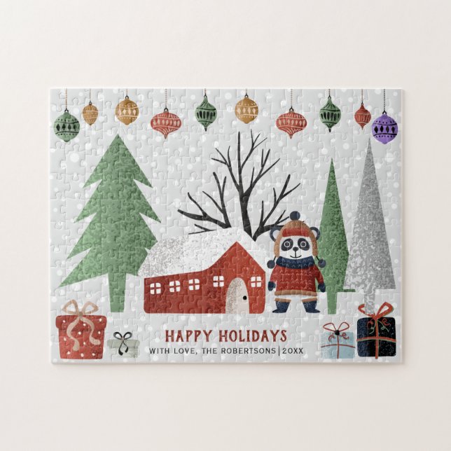 Quebra-cabeça Panda de inverno e árvores Feliz Natal (Horizontal)