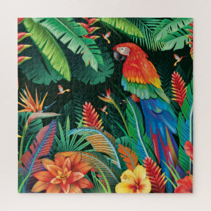 Quebra-cabeça Papagaio Tropical: Fundo Floral Exótico.