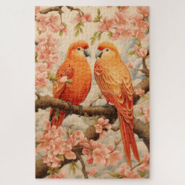 Quebra-cabeça Papagaios e cereja florescem