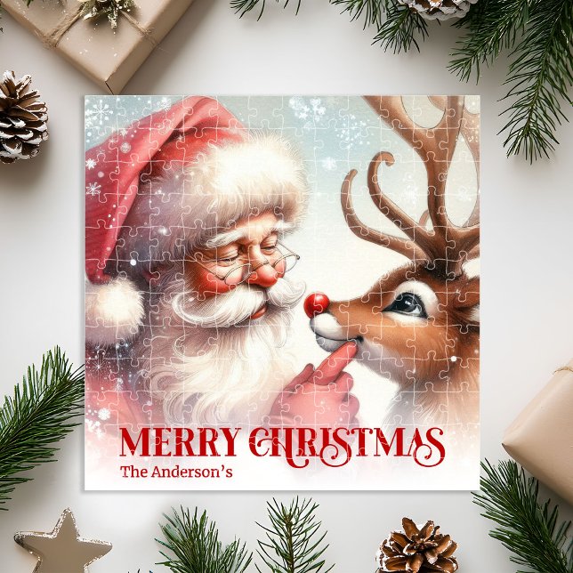 Quebra-cabeça Papai Noel Clássico e Rudolph Presente de Natal Pe (Classic Santa and Rudolph Custom Kids Holiday Puzzle)