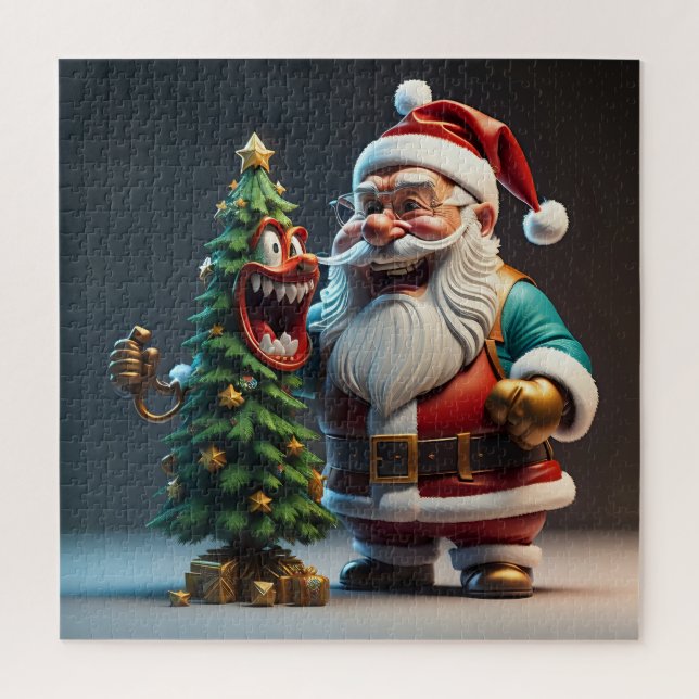 Quebra-cabeça Papai Noel com Árvore de Natal engraçada rindo (Vertical)