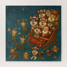 Papai Noel com cachorrinhos alegres e elfos!