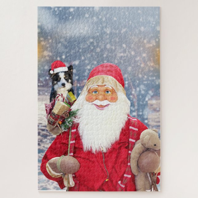 Quebra-cabeça Papai Noel com Presentes de Natal Border Collie Ca (Vertical)