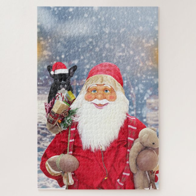 Quebra-cabeça Papai Noel com Presentes de Natal Bulldog Francês (Vertical)