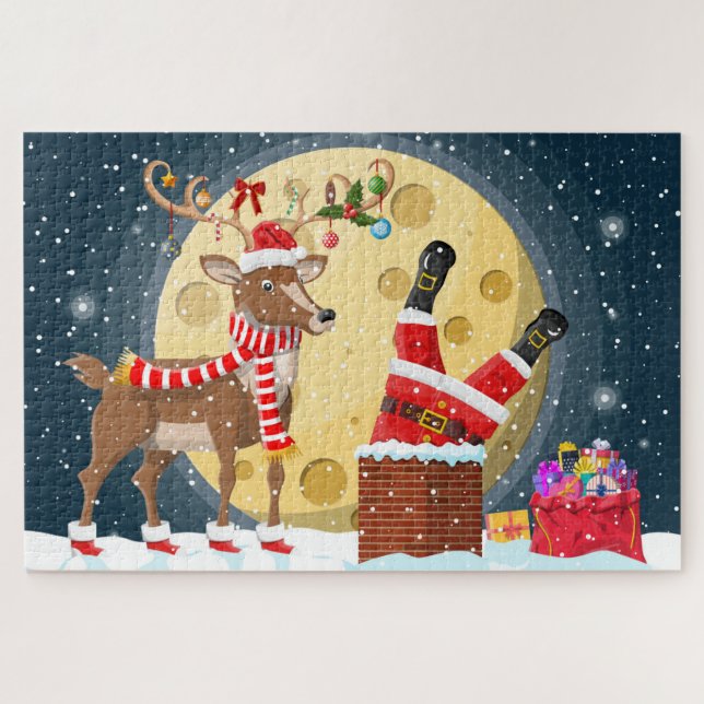 Quebra-cabeça Papai Noel de Natal Fofo na Chaminé com Rudo  (Horizontal)