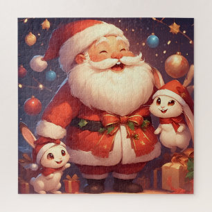 Quebra-cabeça Papai Noel e Dois Coelhos Alegres