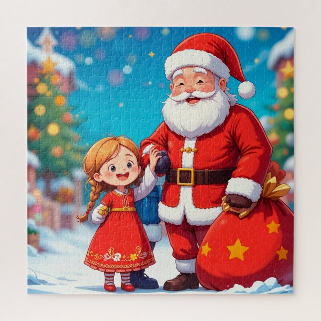 Quebra-cabeça Papai Noel e Menina com um Saco de Presentes (Vertical)