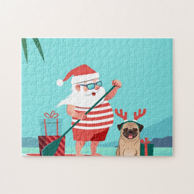 Quebra-cabeça Papai Noel e o Pug dele no surfboard (Horizontal)