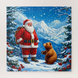 Quebra-cabeça Papai Noel Encontra Urso Amigável na Montanha Neva
