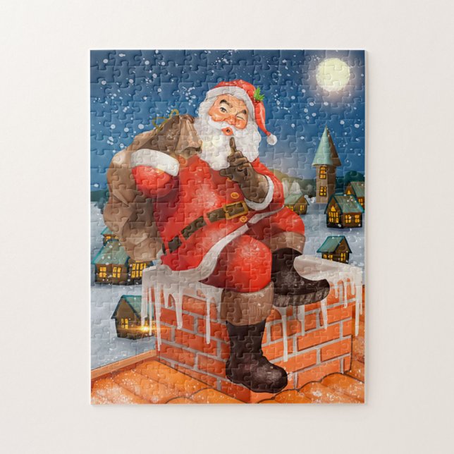 Quebra-cabeça Papai Noel No Telhado (A cheerful Santa Claus sitting on a snowy rooftop, with a playful finger to his lips!)