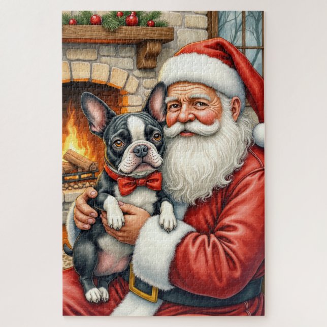 Quebra-cabeça Papai Noel segurando a arte de Natal do Boston Ter (Vertical)