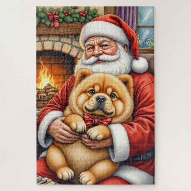 Quebra-cabeça Papai Noel segurando a arte de Natal do Chow Chow (Vertical)