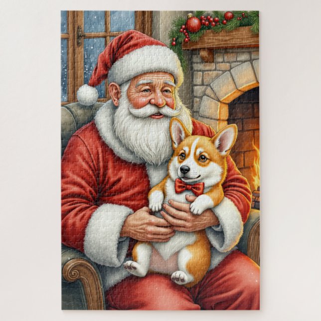 Quebra-cabeça Papai Noel Segurando a Arte de Natal do Corgi (Vertical)