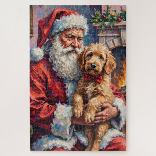 Quebra-cabeça Papai Noel segurando a arte de Natal do Goldendood (Vertical)