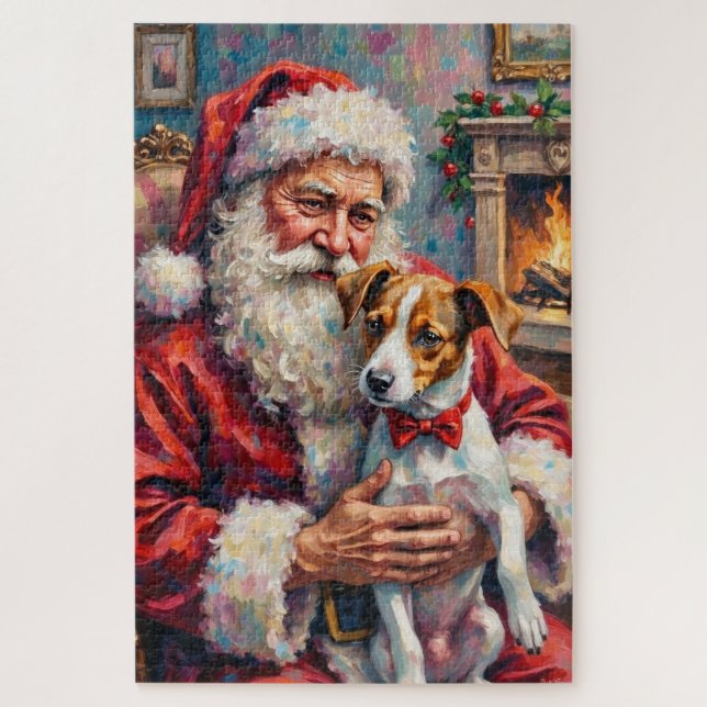 Quebra-cabeça Papai Noel segurando a arte de Natal do Jack Russe (Vertical)