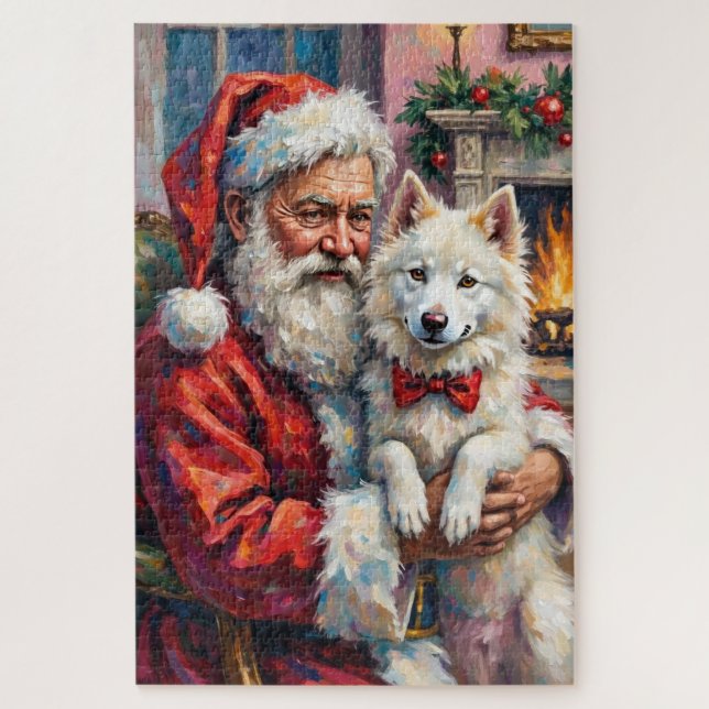 Quebra-cabeça Papai Noel segurando a arte de Natal do Samoyed (Vertical)