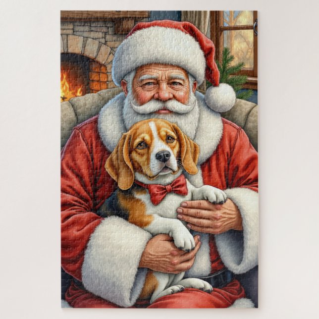 Quebra-cabeça Papai Noel segurando arte de Natal de Beagle (Vertical)