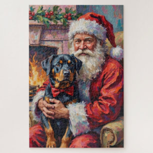 Quebra-cabeça Papai Noel segurando arte de Natal de Rottweiler