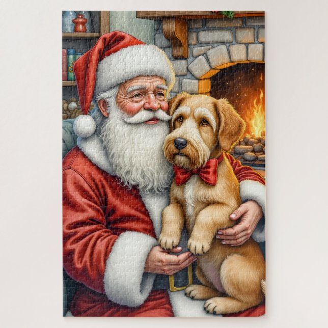 Quebra-cabeça Papai Noel segurando Arte de Natal do Airedale (Vertical)